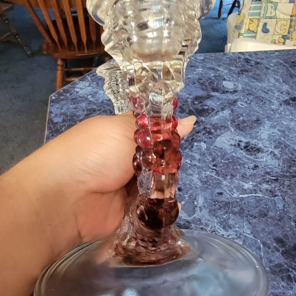 Vintage Indiana Glass Double Candle With Color Grapes And Vine Holder